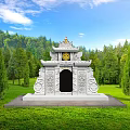 White Stone Carved Garden Ornament Surrounded By Green Lawn And Trees Under Blue Sky