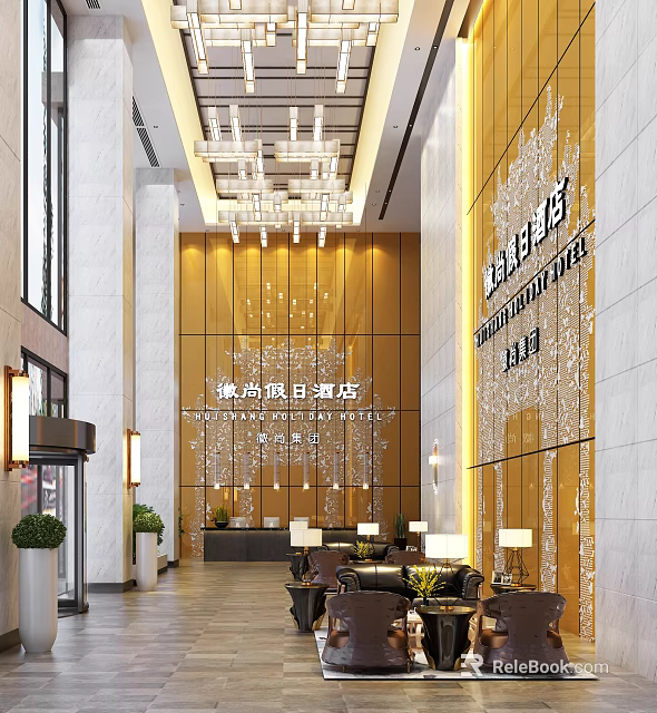 Elegant Modern Hotel Lobby Interior With Chandelier Reception Desk And Sofa Area 3d model 