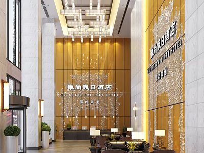 Elegant Modern Hotel Lobby Interior With Chandelier Reception Desk And Sofa Area 3d model