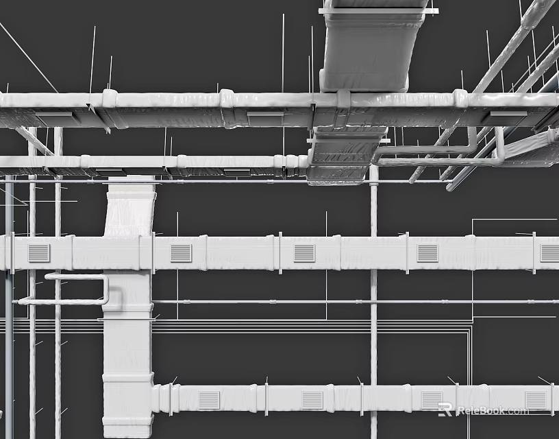 Ceiling Structure with Metal Framework Pipes and Support Beams in Construction 3d model 