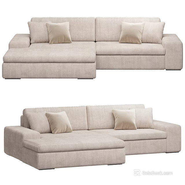 Modern Beige Sectional Sofa With Striped Fabric And Accent Pillows 3d model