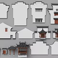 Traditional Chinese Building Facades With Classic Eaves Tiled Roofs And Wooden Elements