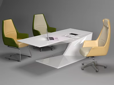 Modern White Office Desk With Laptop Tablet And Stylish Yellow Green Chairs 3d model