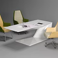 Modern White Office Desk With Laptop Tablet And Stylish Yellow Green Chairs