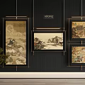 Chinese Landscape Paintings Hung On Dark Wall With Golden Frames And Green Plants