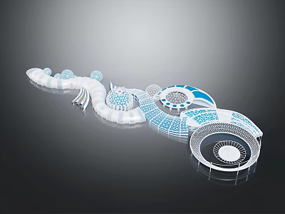 Modern Streamlined Building Design With White Blue Circular Ring Structures And Geometric Patterns 3d model