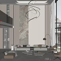 Modern Duplex Living Room Interior With Marble Feature Wall Chandelier And Large Windows