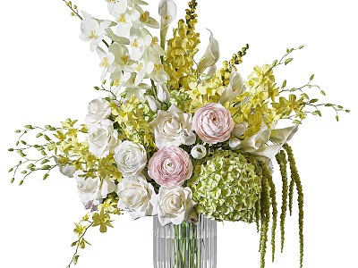 Elegant Transparent Glass Vase With White Pink Roses Orchids Hydrangeas And Green Leaves 3d model