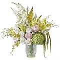 Elegant Transparent Glass Vase With White Pink Roses Orchids Hydrangeas And Green Leaves