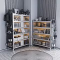 Modern Metal Bookshelves with Books Decorative Items Storage Boxes and Potted Plants in Cozy Room