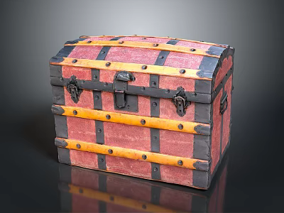 Vintage Red And Black Storage Trunk With Leather Straps And Metal Rivets 3d model