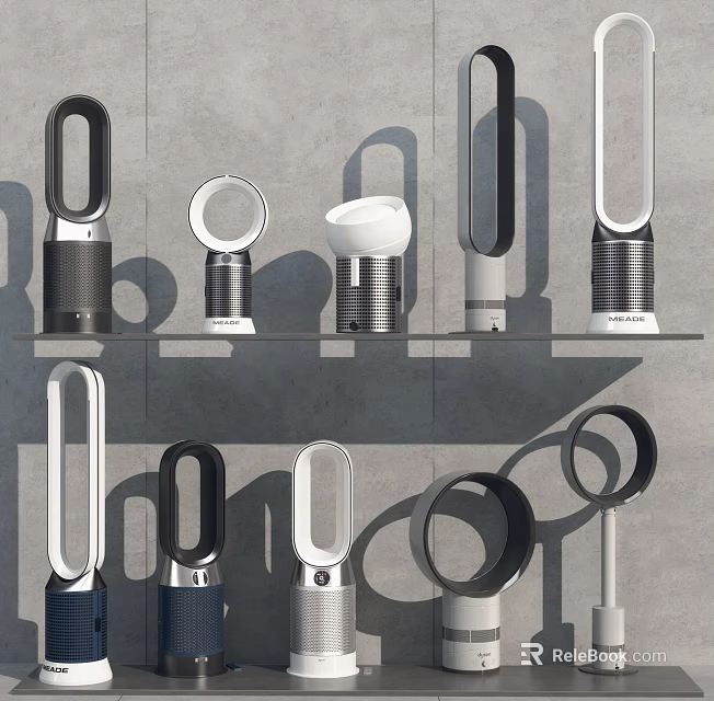 Modern Daily Electrical Appliances with Bladeless Fans in Various Styles Displayed on Shelves 3d model 