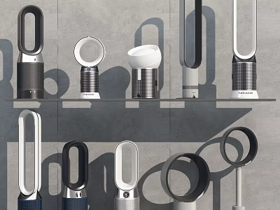 Modern Daily Electrical Appliances with Bladeless Fans in Various Styles Displayed on Shelves 3d model