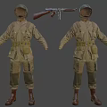 Man's Vintage Military Uniform With Helmet And Submachine Gun Gear