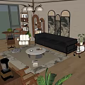 Modern Living Room Interior Design With Black Leather Sofa Round Coffee Table And Decorative Paintings