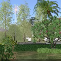 Bright Sunny Park Landscape With Lush Tropical Trees Blooming Flowers And Unique Decorative Outdoor Lights