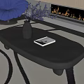 Oval Dark Modern Coffee Table With Purple Flowers Vase And Book On White Sofa Rug