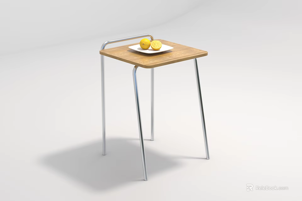 Modern Wooden Top Side Table With Metal Legs And White Plate With Lemons 3d model 