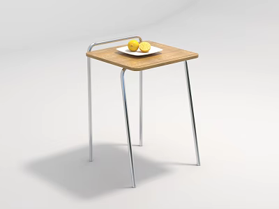 Modern Wooden Top Side Table With Metal Legs And White Plate With Lemons 3d model