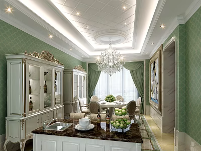 Elegant Restaurant Interior With Green Walls Carved Cabinets Crystal Chandelier And Marble Dining Table 3d model