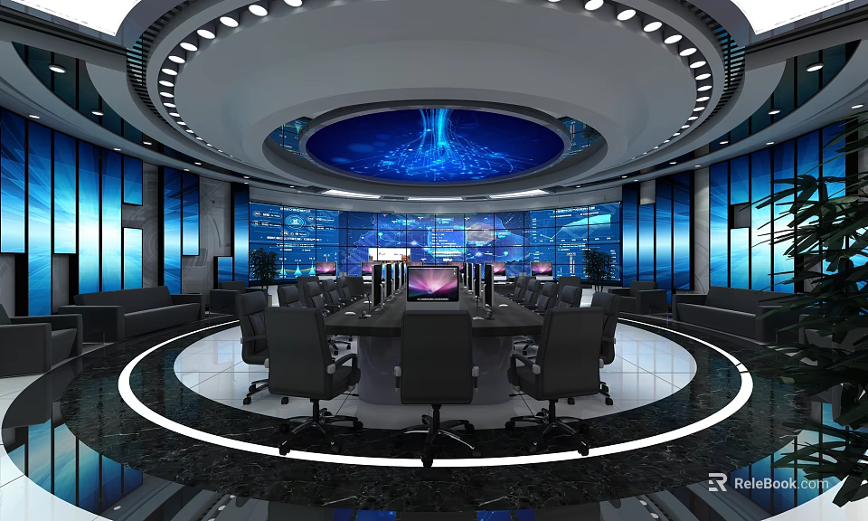 Modern Control Room Interior with Circular Layout Conference Table and Multiple Screens 3d model 