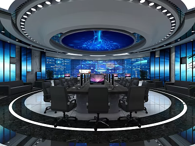 Modern Control Room Interior with Circular Layout Conference Table and Multiple Screens 3d model