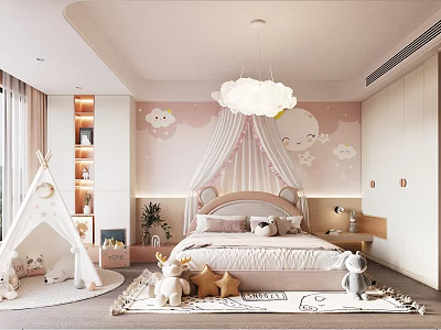Children's Room Interior Design With Cloud Chandelier Bear Headboard Pink Walls And Teepee Tent 3d model