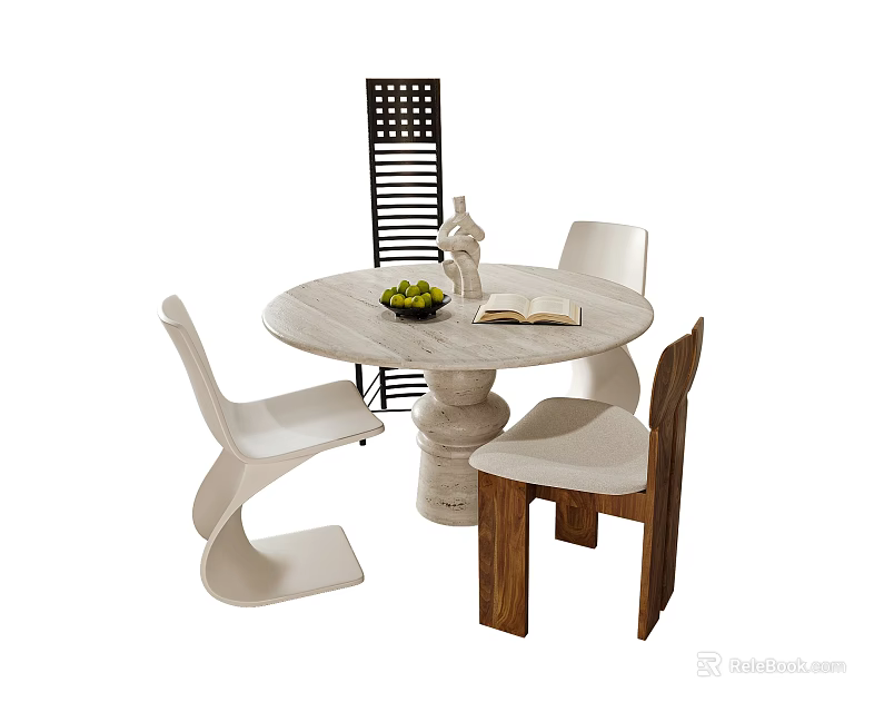 Round Marble Dining Table With Modern White And Wooden Chairs And Fruit Bowl 3d model 