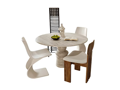 Round Marble Dining Table With Modern White And Wooden Chairs And Fruit Bowl 3d model
