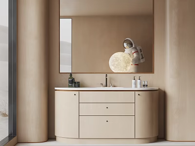 Modern Light Wood Bathroom Vanity With Large Mirror Moon Decoration Astronaut Figure And Toiletries 3d model