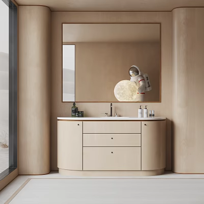 Modern Light Wood Bathroom Vanity With Large Mirror Moon Decoration Astronaut Figure And Toiletries 3d model