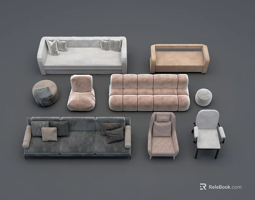 Modern Multi Style Sofa Set With Different Colors Armchairs And Ottomans 3d model