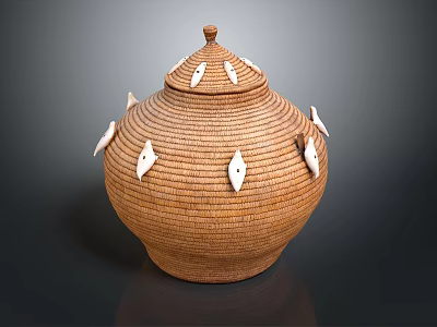 Handwoven Brown Decorative Storage Pot With White Fish Shaped Decorations On Lid And Body 3d model