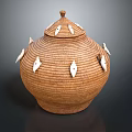 Handwoven Brown Decorative Storage Pot With White Fish Shaped Decorations On Lid And Body