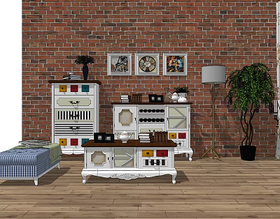 American Side Cabinet Board Wood Painted Sideboard Cabinet Bucket Cabinet Coffee Table Combination 3d model