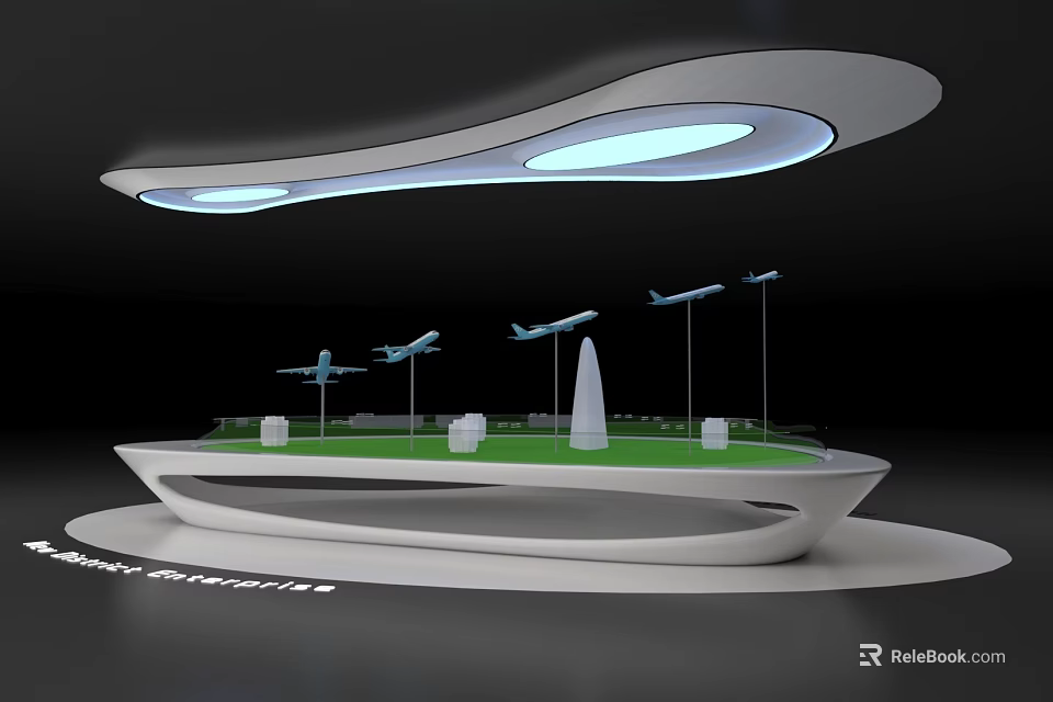 Modern Exhibition Stand With Airplane Models Green Lawn And White Structures 3d model 