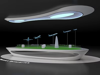 Modern Exhibition Stand With Airplane Models Green Lawn And White Structures 3d model