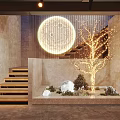 Cozy Restaurant Interior With String Lights Moon Decorations Brick Wall And Wooden Chairs