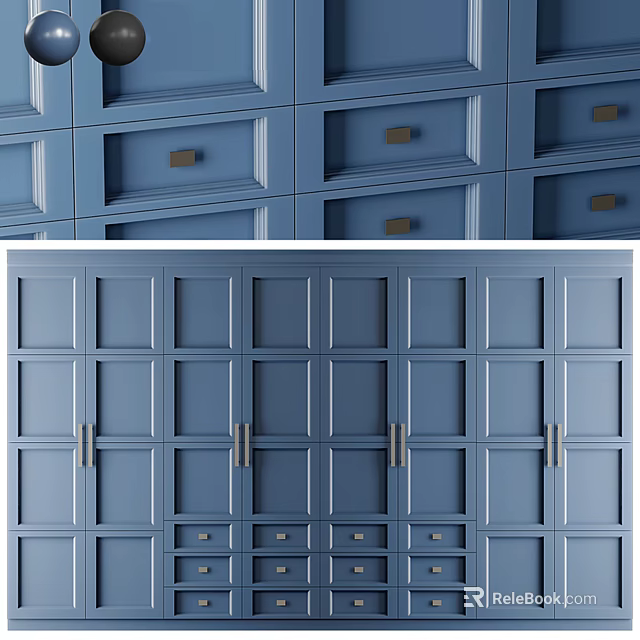 Blue Modern Wardrobe Design With Wooden Doors Drawers And Metal Handles 3d model 