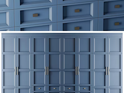 Blue Modern Wardrobe Design With Wooden Doors Drawers And Metal Handles 3d model