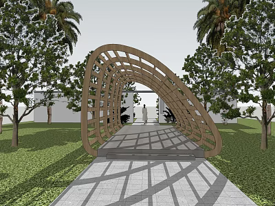 Wooden Arched Pergola In Garden With Trees And Lawn Where People Walking On Pathway 3d model