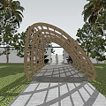 Wooden Arched Pergola In Garden With Trees And Lawn Where People Walking On Pathway