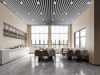 Modern Restaurant with Striped Ceiling Large Windows Dining Tables Chairs Bar Counter And Wine Racks 3d model
