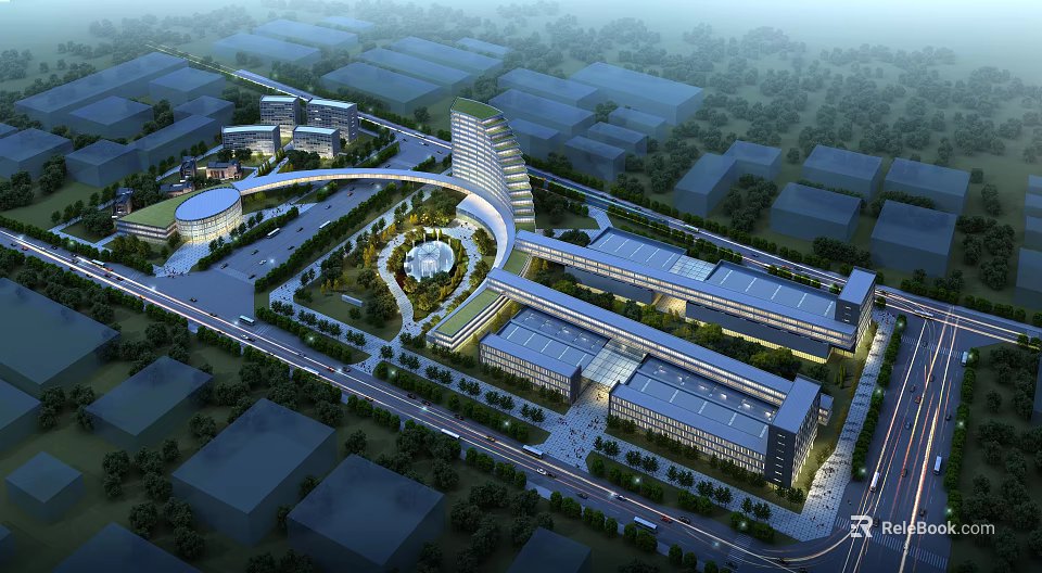 Aerial View Planning of Modern Large Building Complex with Green Areas and Road Layout 3d model 