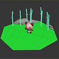 Cute Panda Figure Standing On Green Octagonal Platform With Bamboo Plants Around