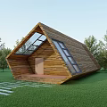Slanted Wooden House With Solar Panels On Roof And Front Steps Pathway