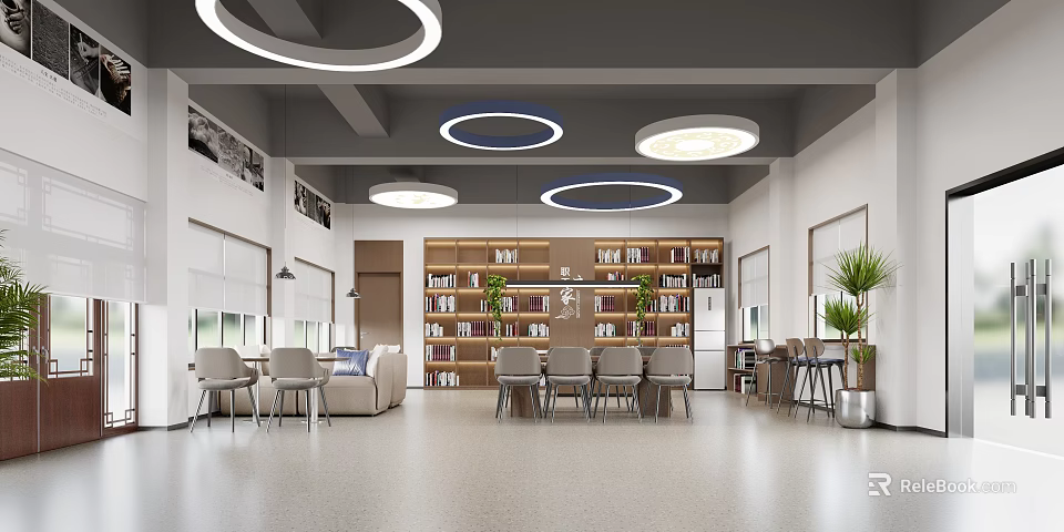 Spacious Modern Lounge Area With Circular Pendant Lights Bookshelves And Comfortable Seating 3d model 