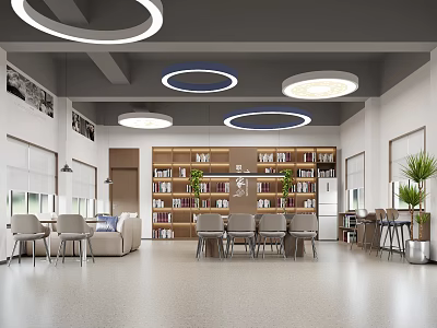 Spacious Modern Lounge Area With Circular Pendant Lights Bookshelves And Comfortable Seating 3d model
