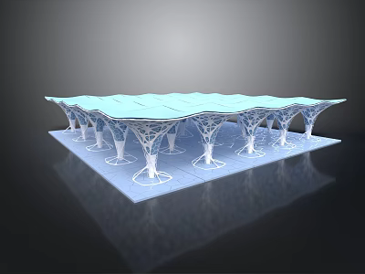 Modern Architectural Canopy Structure With Blue Roof And Intricate White Support Columns 3d model