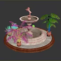 Outdoor Decorative Fountain With Stone Statue And Potted Green Plants On Circular Base